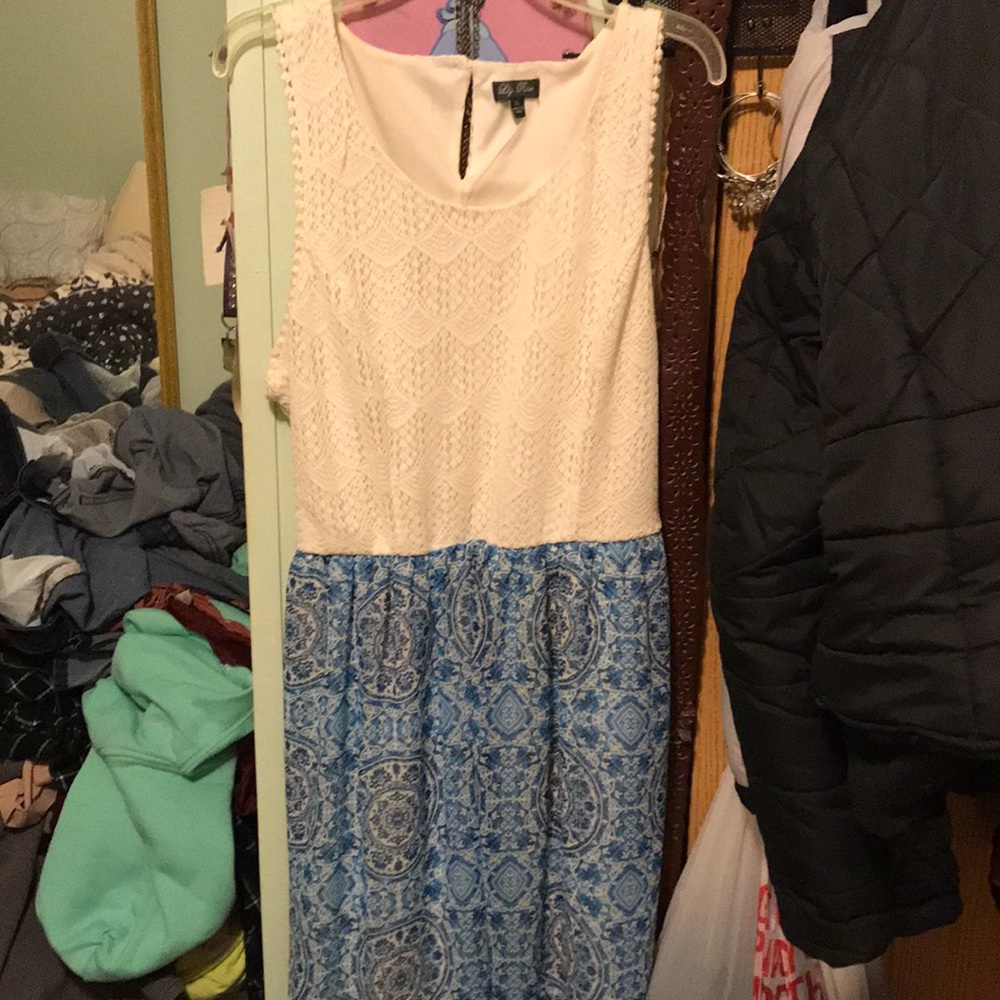 off white lace top, blue and white bottom dress